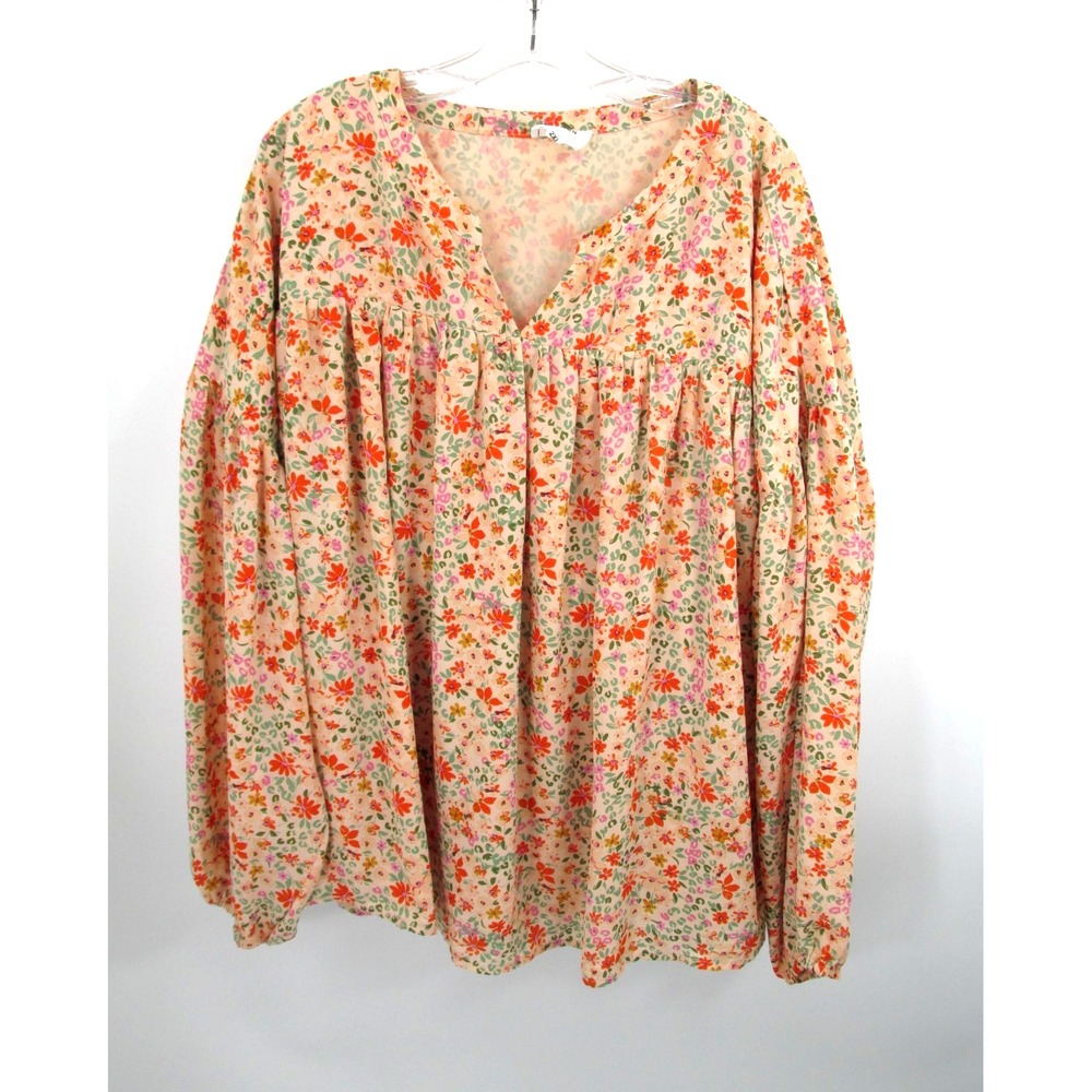 HEYSON Pullover Smocked Prairie Blouse Women 2XL Beige Floral Country Peasant